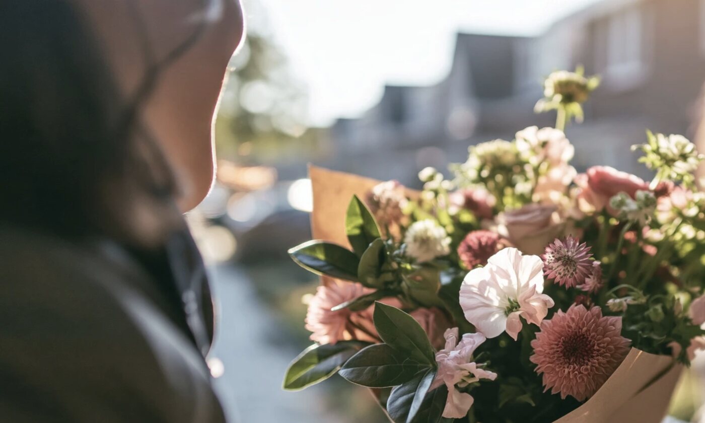 Een boeket wordt overhandigd bij een rijtjeshuis, de ontvangster lacht zacht op de achtergrond